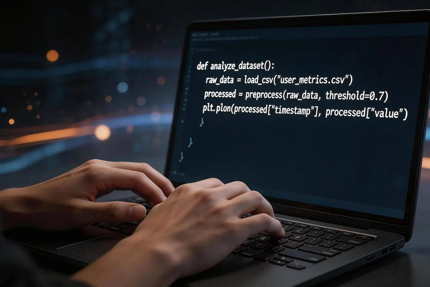 Imagen generada por IA - Manos escribiendo código en la pantalla de un portátil.