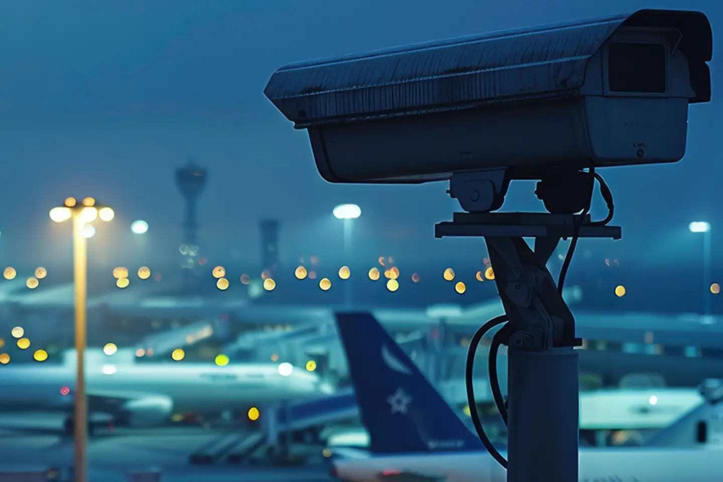 Image générée par lIA - Caméra de surveillance montrant le terminal de fret aérien avec un avion au loin
