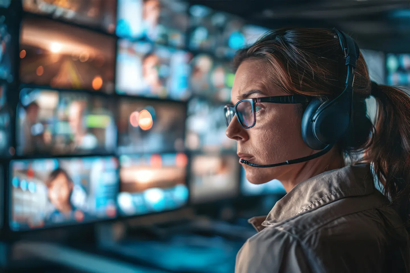 KI-generiertes Bild - Eine Expertin für Cybersicherheit überwacht eine Vielzahl von Bildschirmen, KI-generiertes Bild