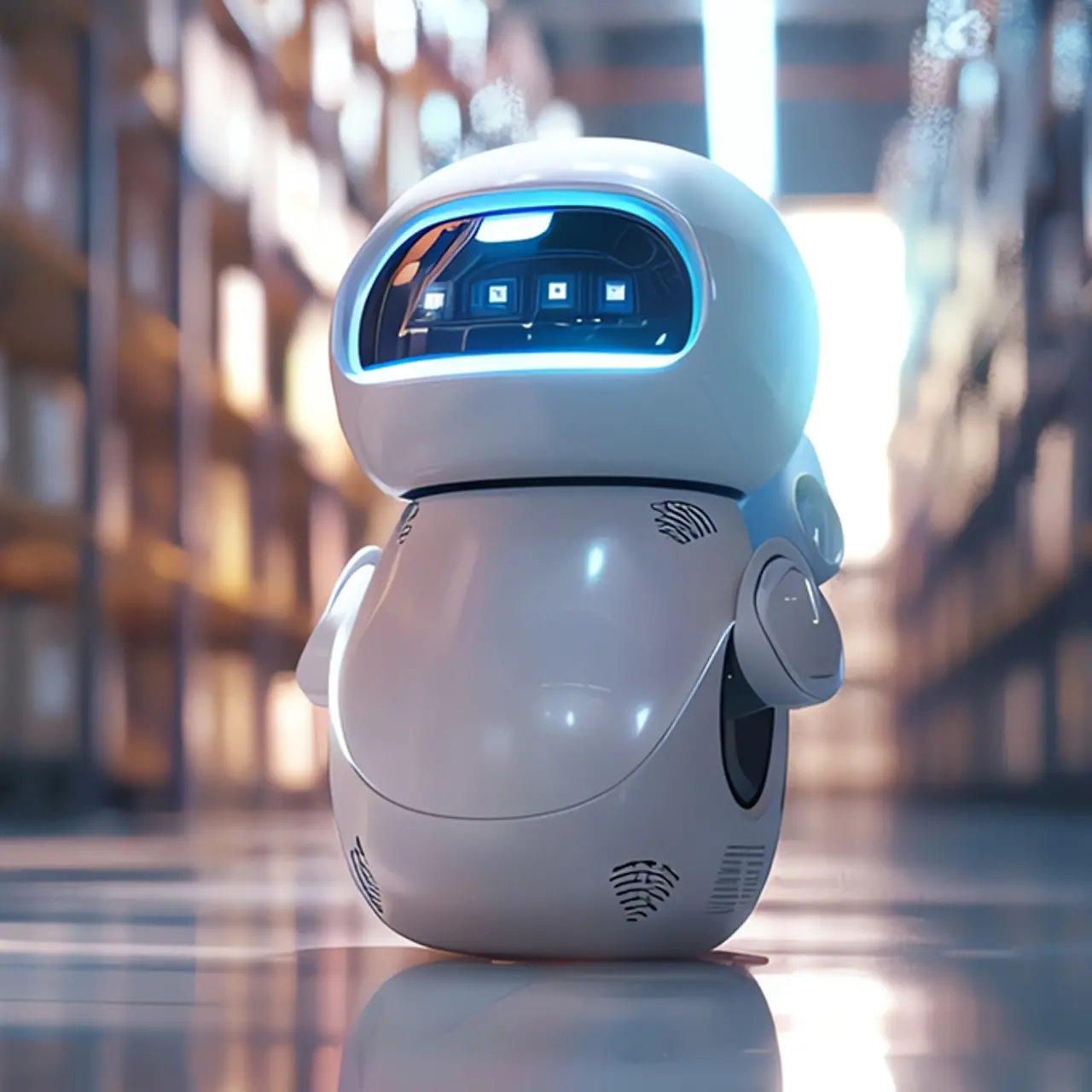 Ein auotnomer weißer Roboter steht in einem Lagergang, umgeben von Regalen voller Kartons