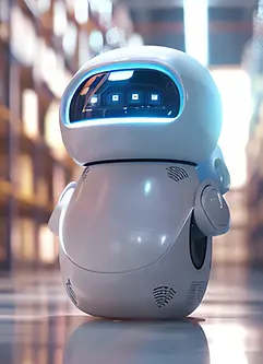 Ein auotnomer weißer Roboter steht in einem Lagergang, umgeben von Regalen voller Kartons