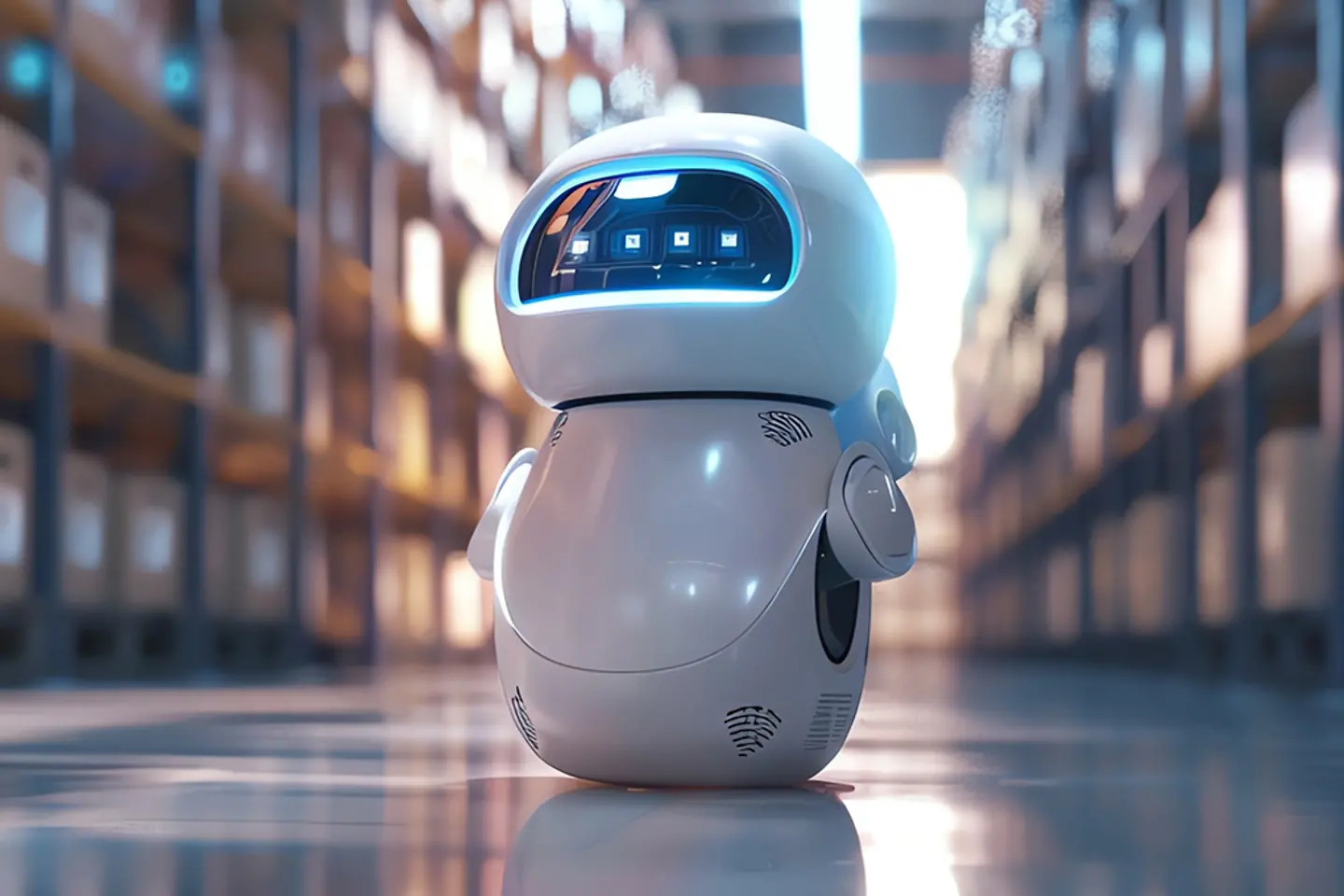 A white robot stands in a warehouse aisle, surrounded by shelves filled with boxes