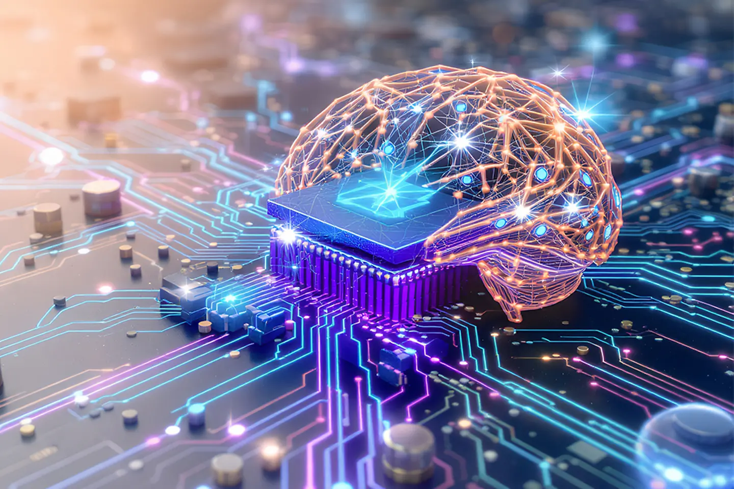 KI-generiertes Bild - Computerchip mit Netzwerkgrafik, Bild KI-generiert