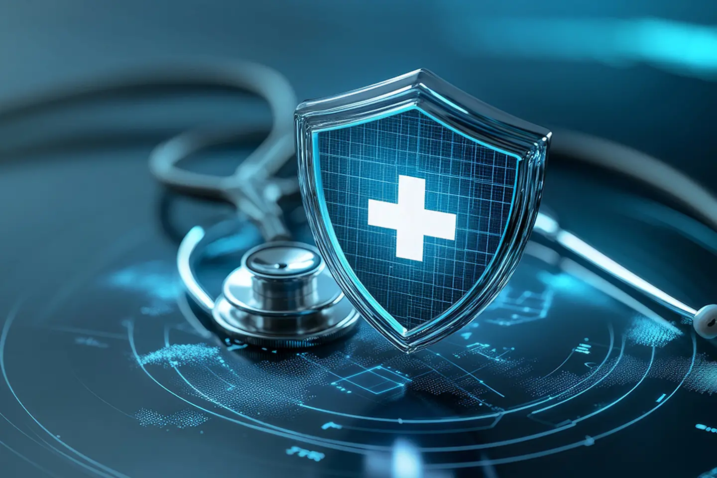 A stethoscope and a glowing plus sign on a digital sign