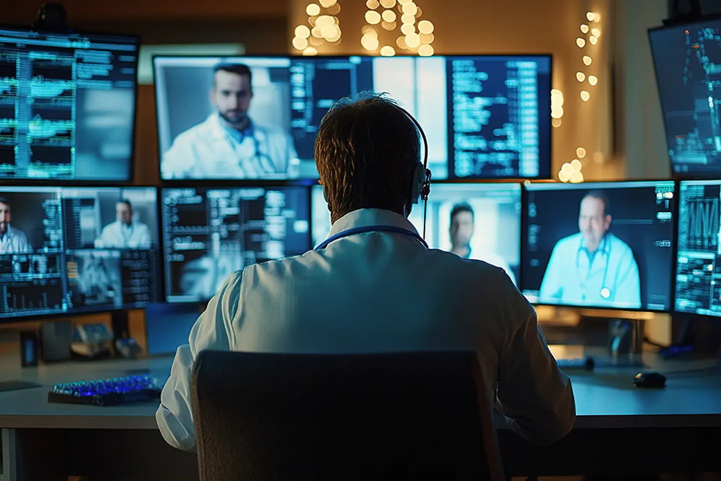 Medizinisches Personal, das auf mehrere Monitore blickt, Daten auswertet und Besprechungen abhält