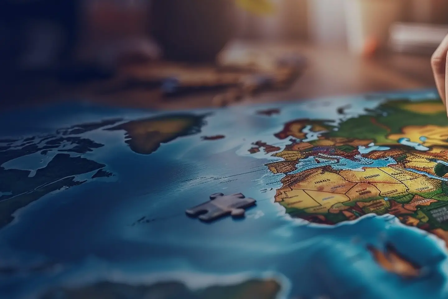  Man placing a puzzle piece on a colorful world map