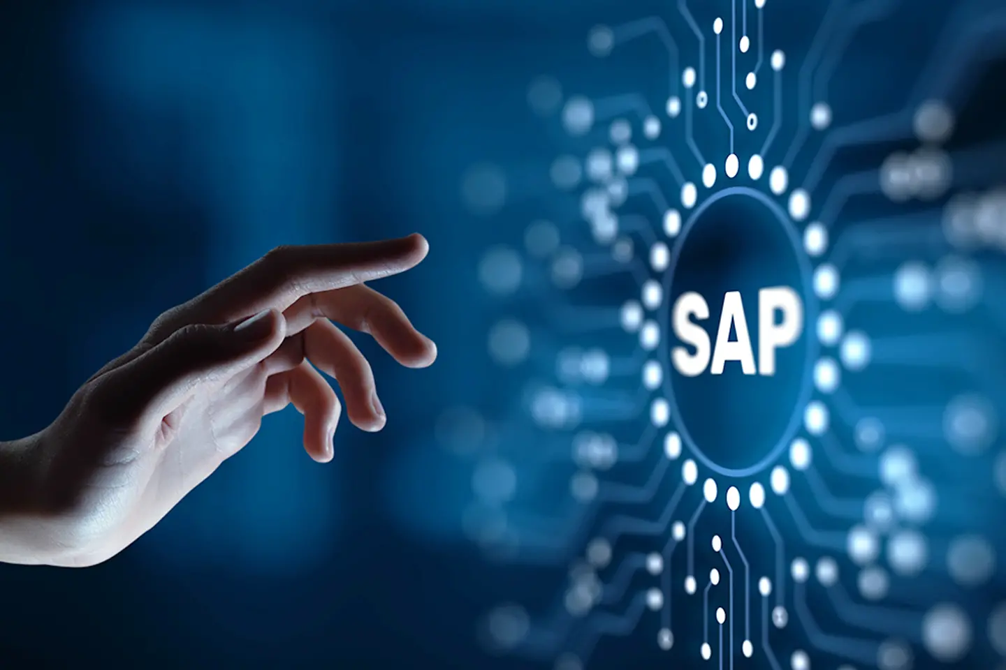 Female hand reaching towards SAP logo