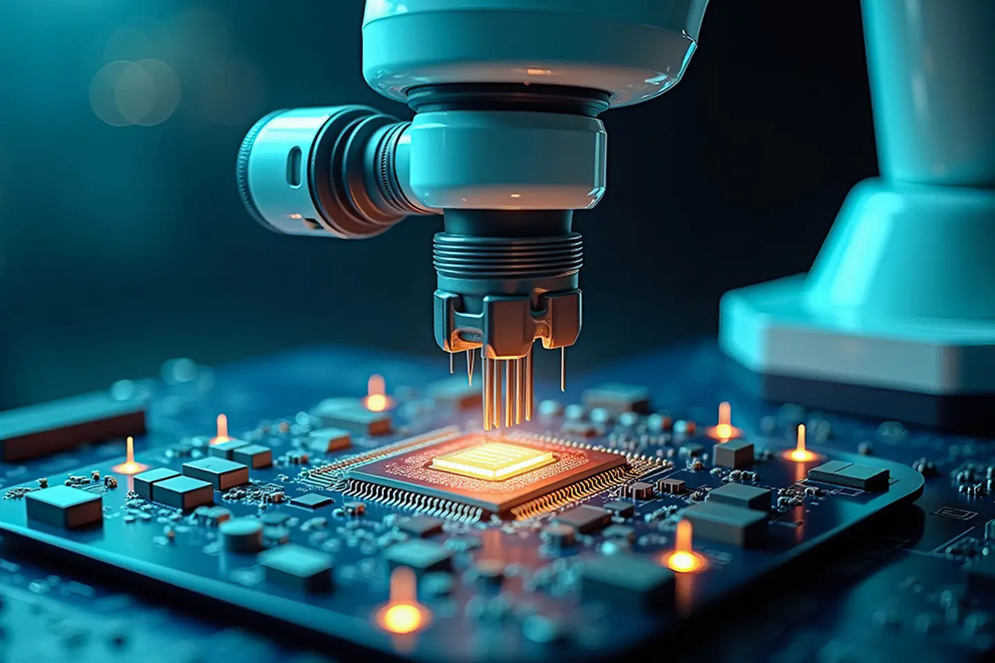 AI-generated image - A robotic arm meticulously places a microchip onto a circuit board within a modern manufacturing environment
