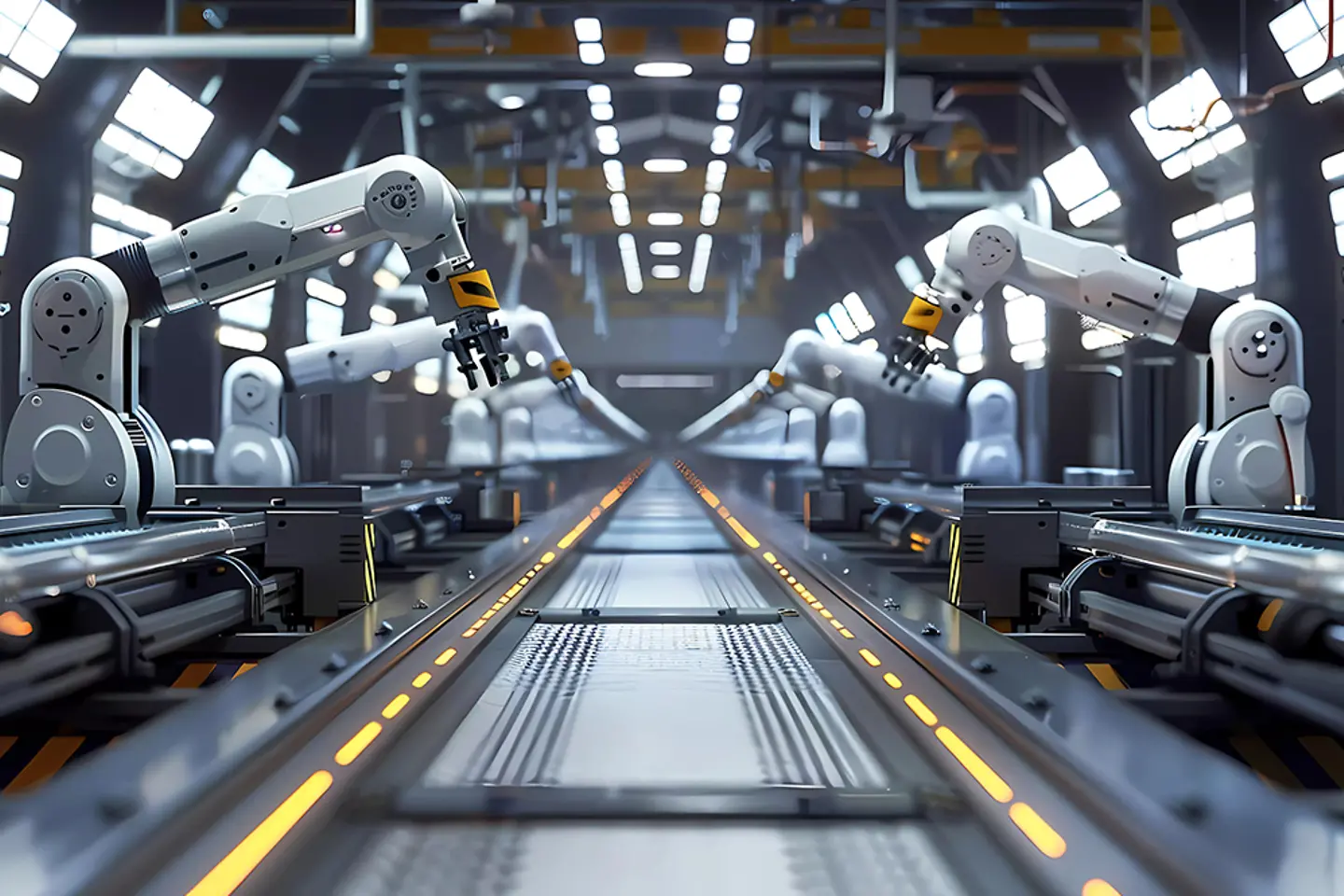 Robotic arms in a manufactoring street. Generative ai design concept.
