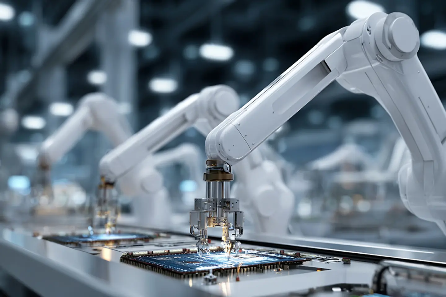 white robotic arms assembling computer chips in a hi tech factory 