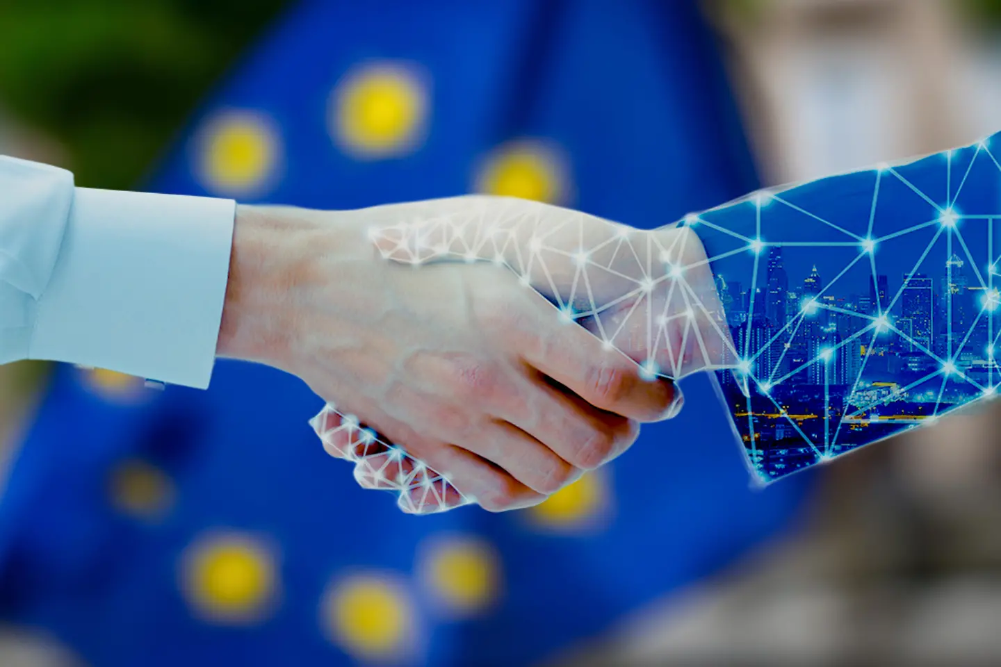 Two hands in a handshake, one hand with network connection graphic