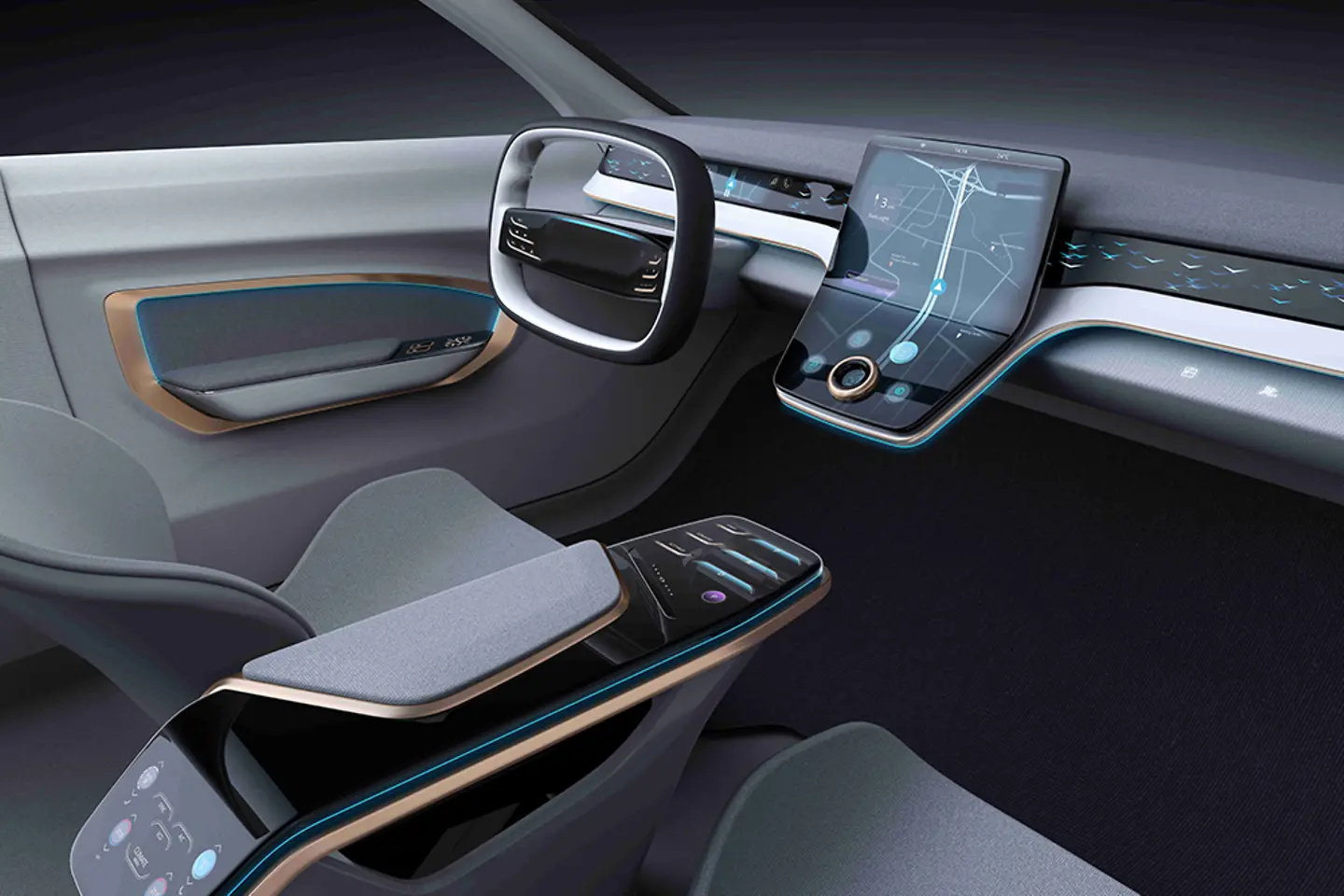 KI-generiertes Bild - Innenraum eines futuristischen, ultramodernen Autos mit großem Bildschirm