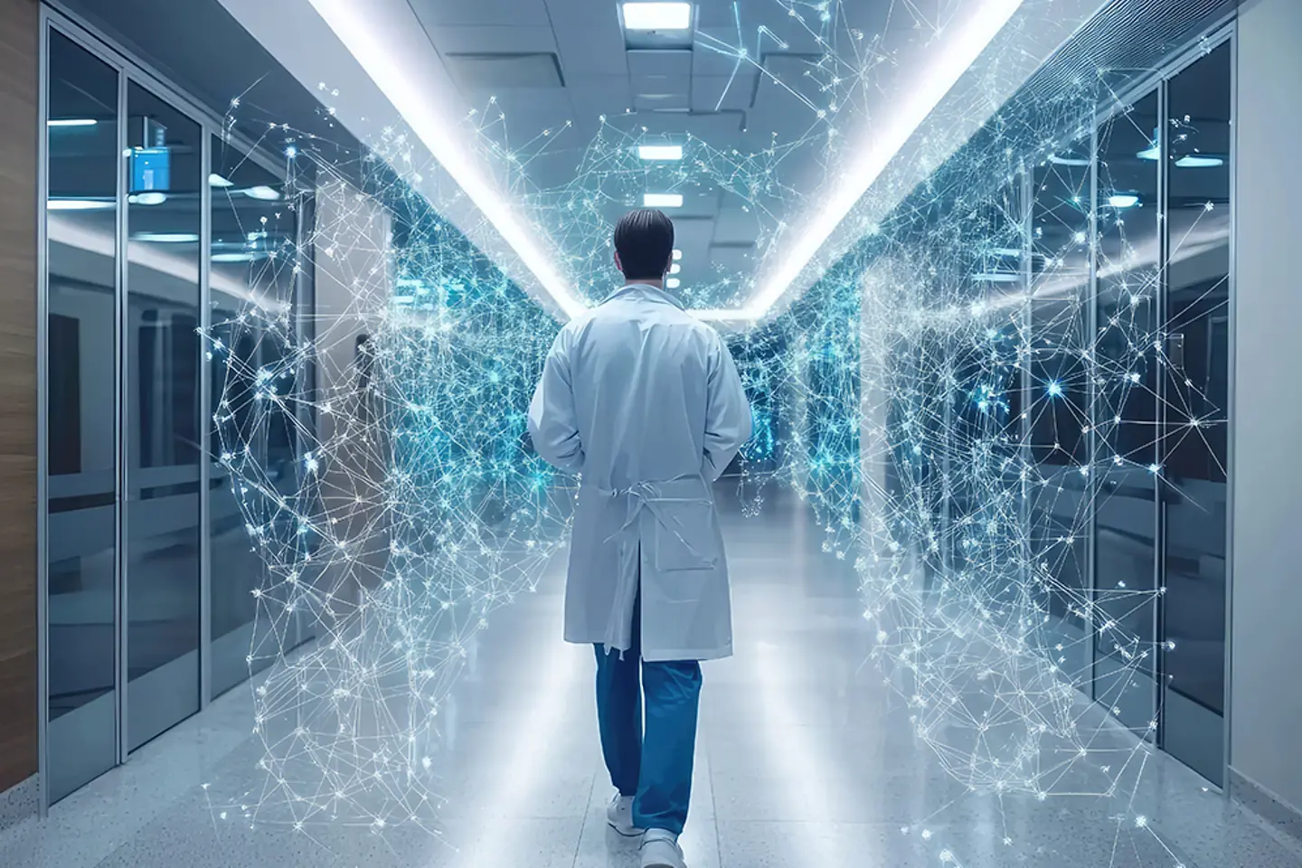  Artificial intelligence visualized in healthcare with interconnected neural networks processing medical data