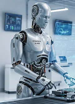 KI-generiertes Bild - Humanoide Roboter und Roboterarme arbeiten effizient an einer futuristischen Fertigungslinie