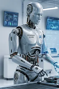 KI-generiertes Bild - Humanoide Roboter und Roboterarme arbeiten effizient an einer futuristischen Fertigungslinie