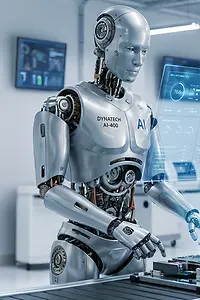 AI-generated image - Humanoid robot and robotic arms efficiently operate on a futuristic production line