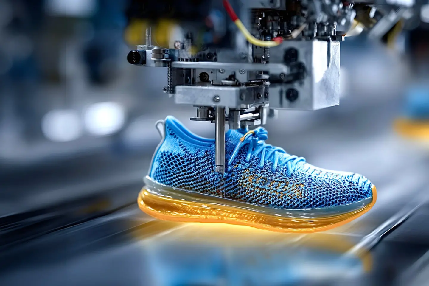Maschinelle Fertigung moderner Laufschuhe in der Fabrik
