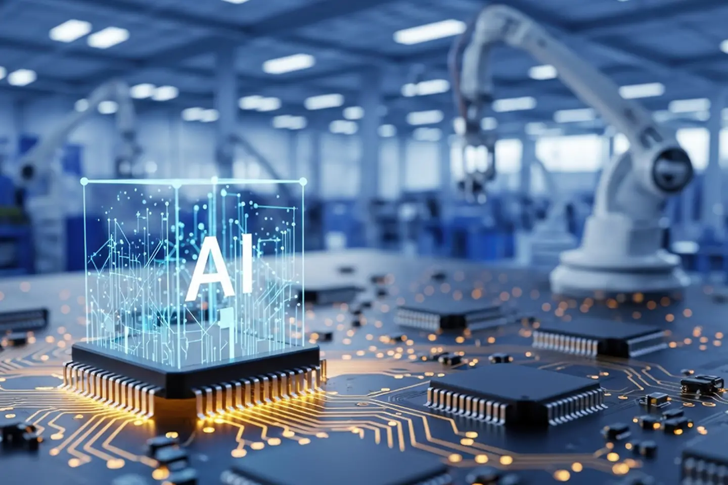 Roboterarm in einer Fabrik, CPU-Chip auf einer Leiterplatte. Die Zukunft der Innovation in der Fertigung. 
