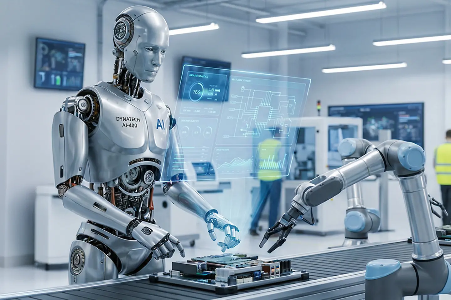 Door AI gegenereerde afbeelding - Humanoïde robots en robotarmen werken efficiënt op een futuristische productielijn