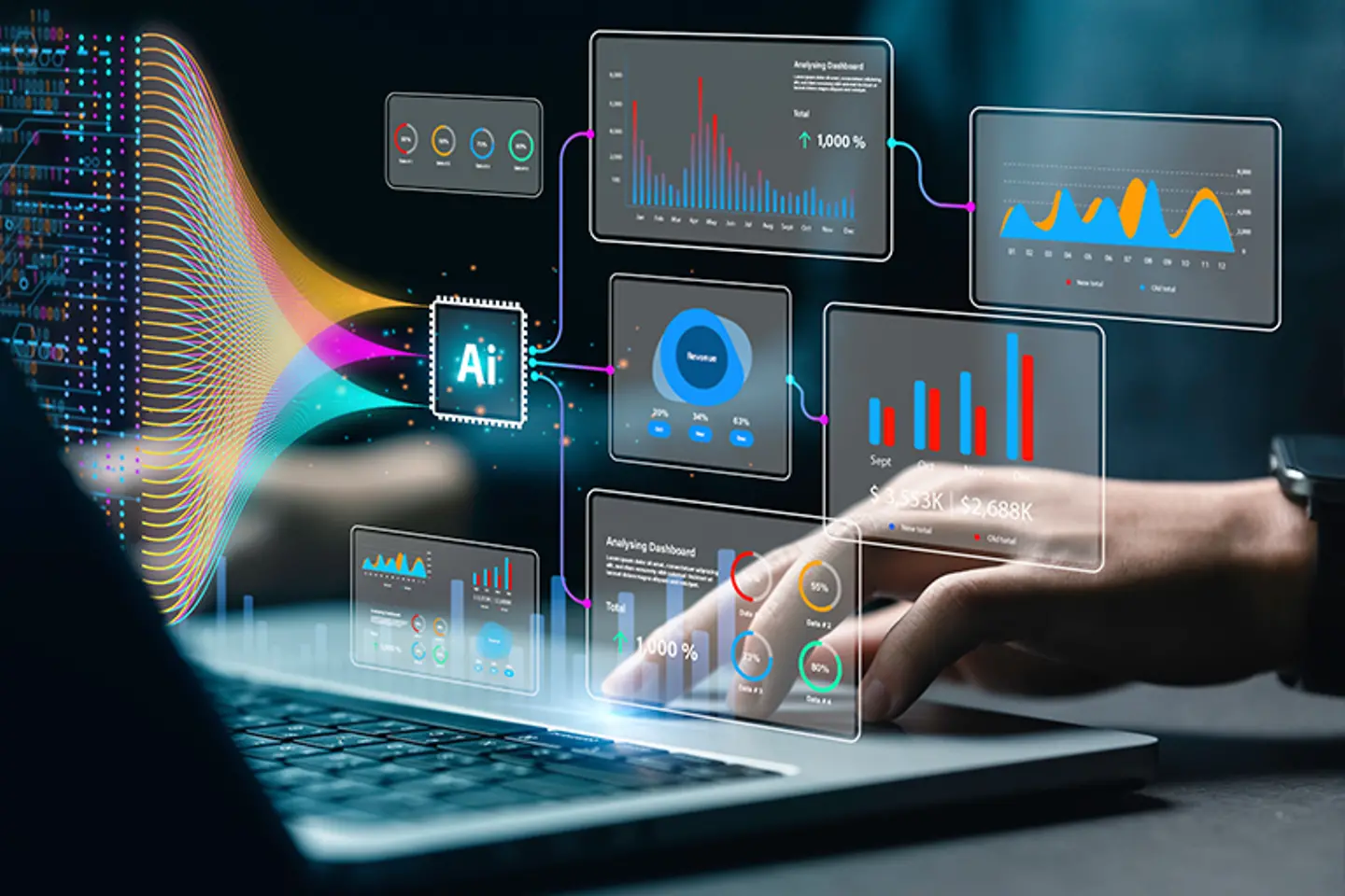 Analyst oder Wissenschaftler mit Computer und Dashboard, der Informationen aus komplexen Datensätzen analysiert. 