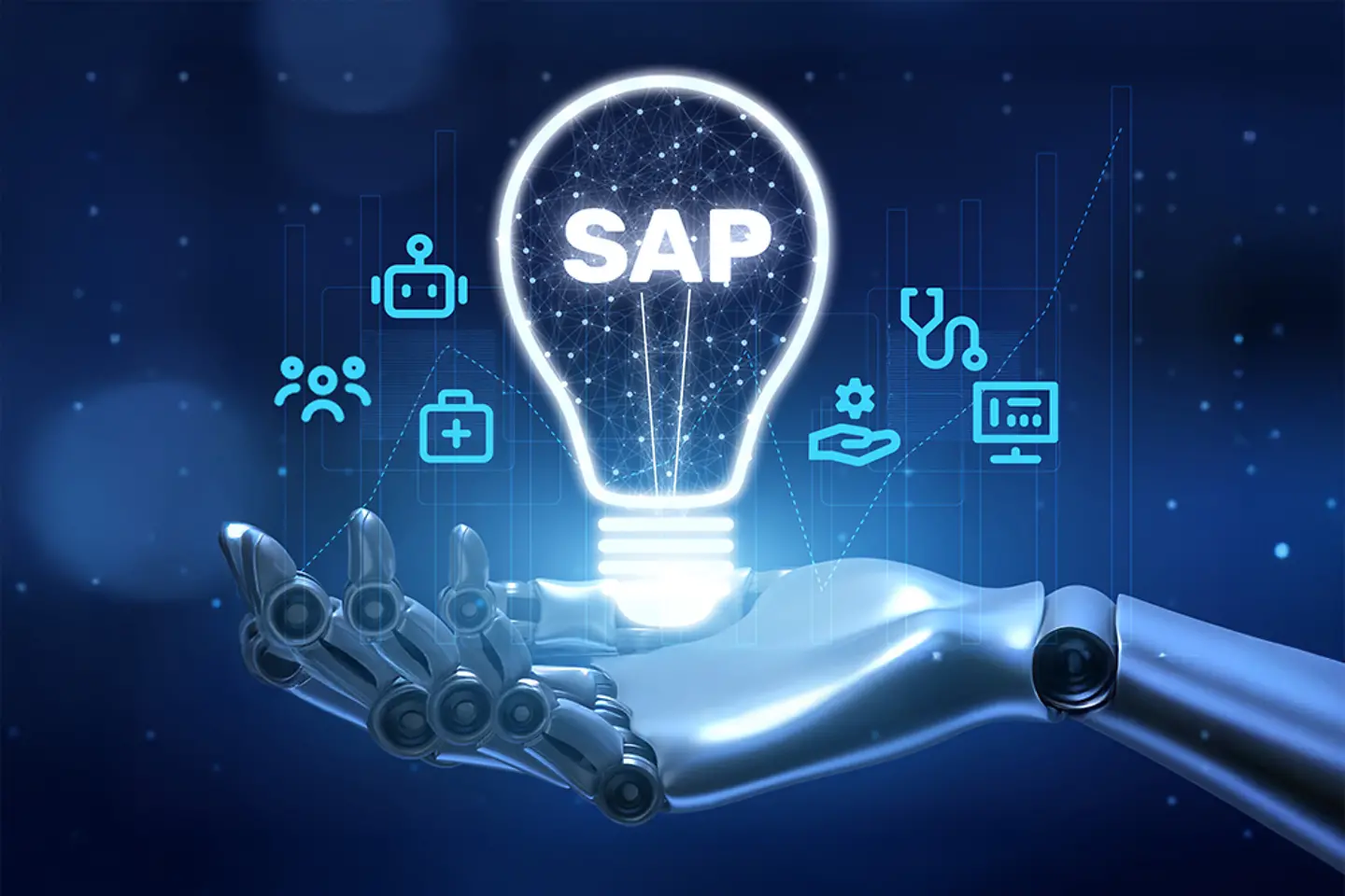 Mano robótica con gráfico digital de un bombillo con SAP escrito en él