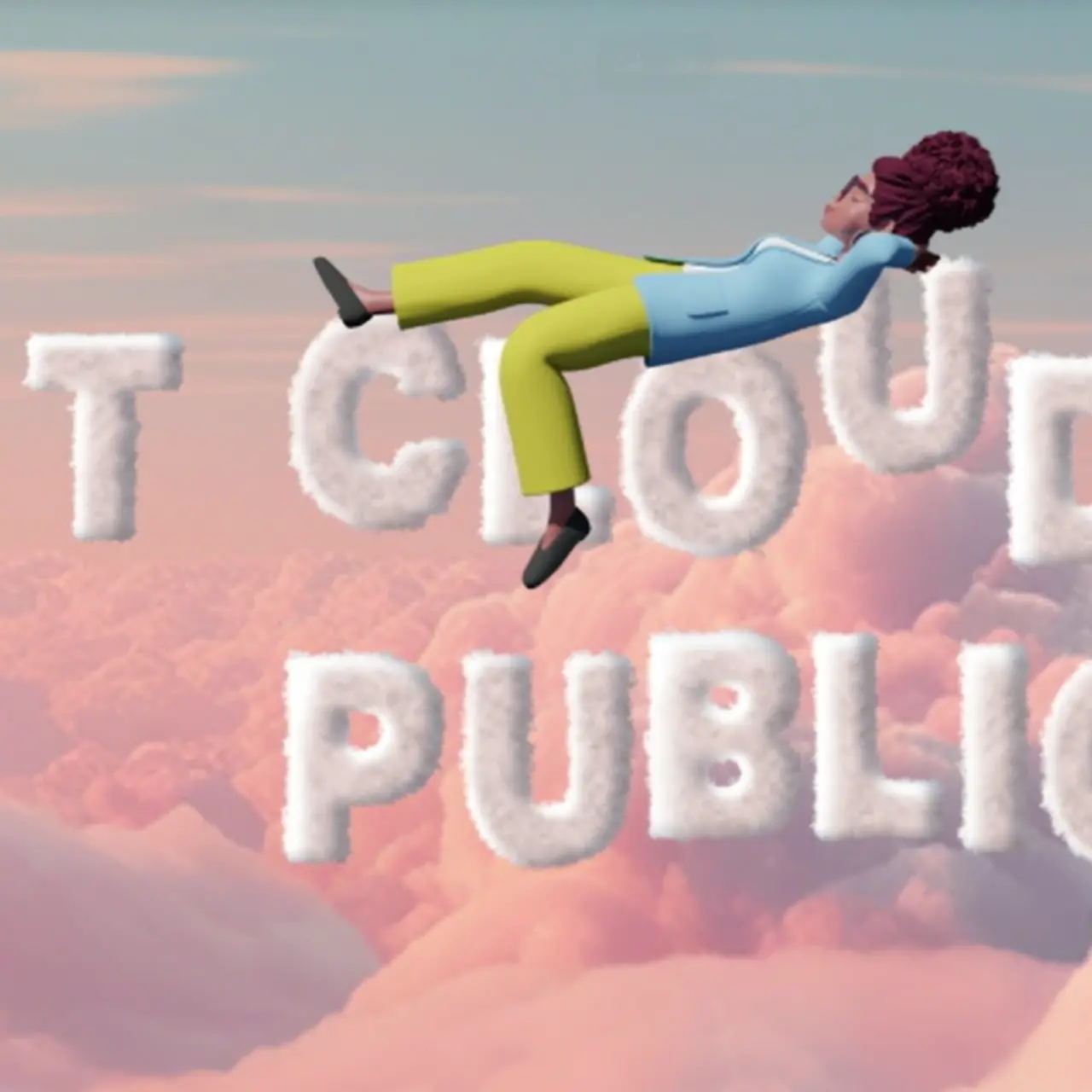 KI-generiertes Bild - Cartoon-Frau liegt auf Wolken-Schriftzug "T Cloud Public"