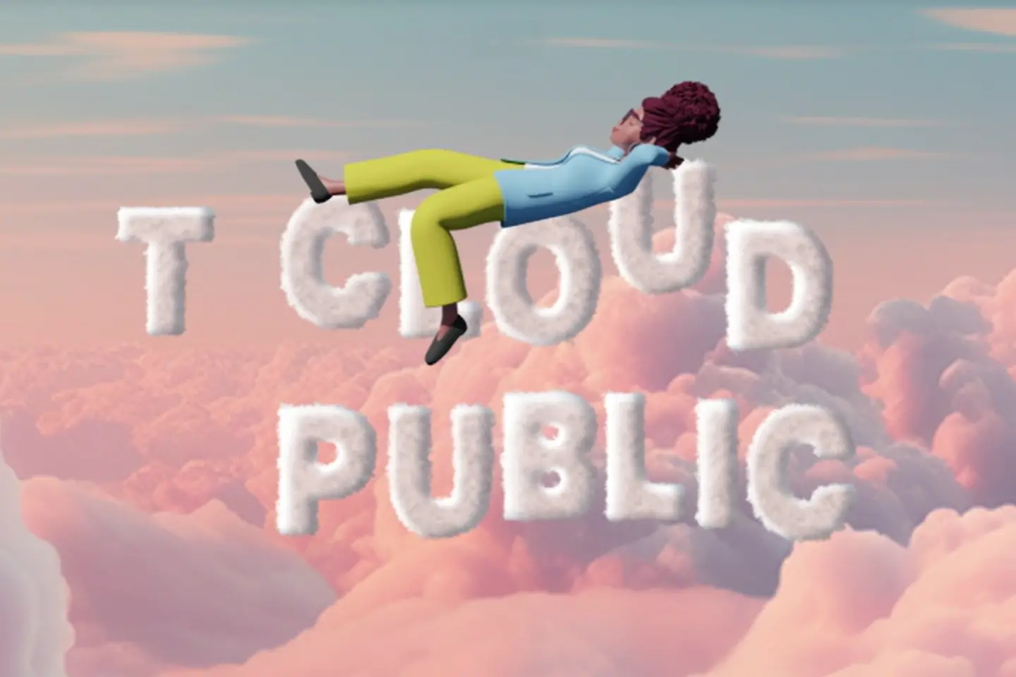 AI-generated image - Cartoon woman laying on clouds reading as "T Cloud Public"
