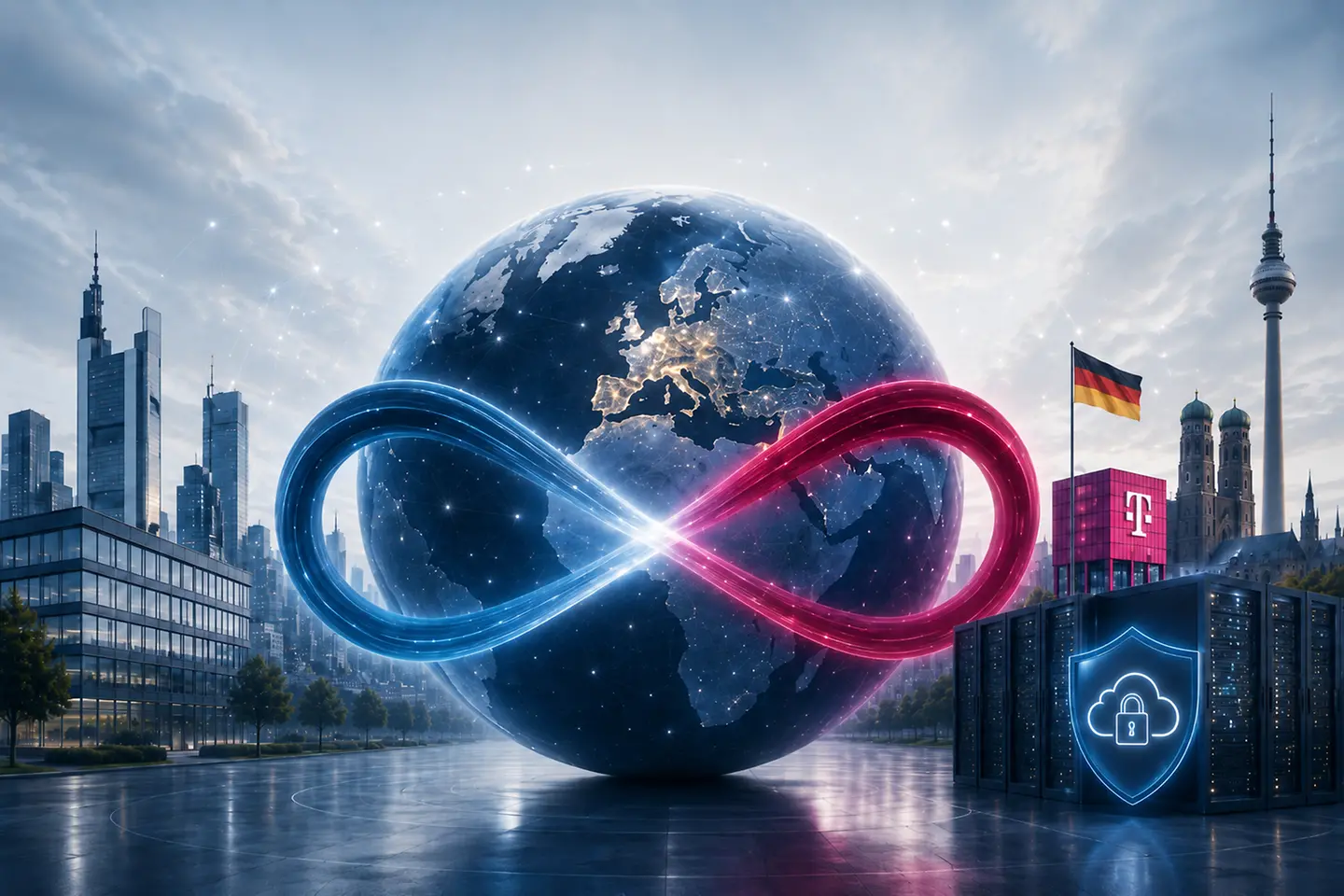 KI-generiertes Bild - Digitale Grafik einer Erdkugel, im Hintergrund Gebäude der grössten deutschen Städte