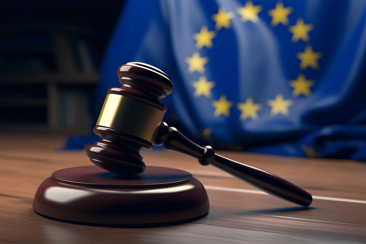 Marteau de juge sur une table en bois et le drapeau de l’Union européenne