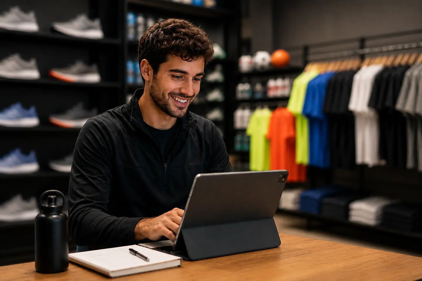 Imagen generada por IA - Responsable de tienda con una tablet en una tienda de artículos deportivos