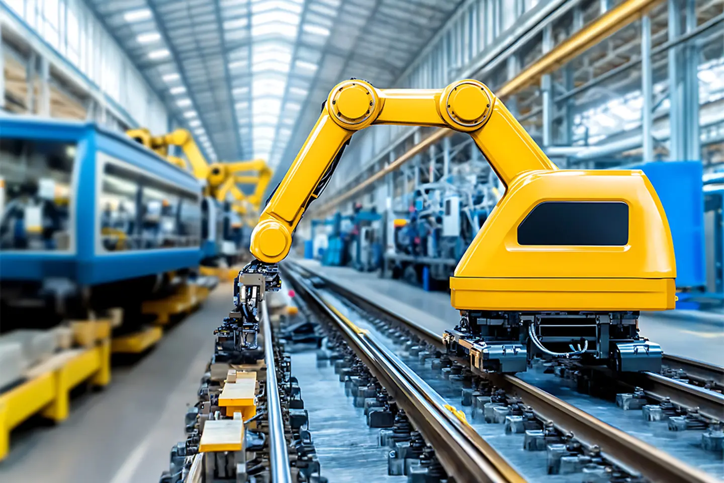 Gelber Industrieroboterarm auf Bahnschienen in einer Fabrikumgebung