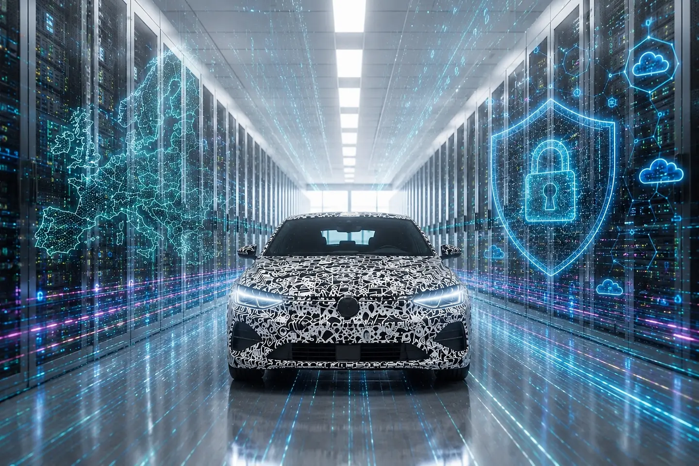 KI-generiertes Bild - Digitales Bild von einem Volkswagen mit Abbildungen von Europa, Cloud- und Cybersecurity-Symbolen