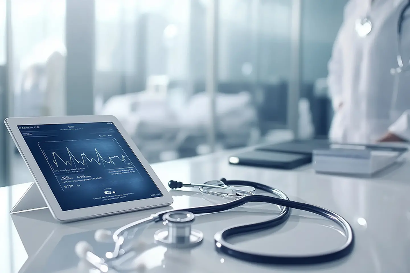 Imagen generada por IA - Estetoscopio, tablet para visualizar datos médicos, recepción de hospital, diseño moderno y elegante