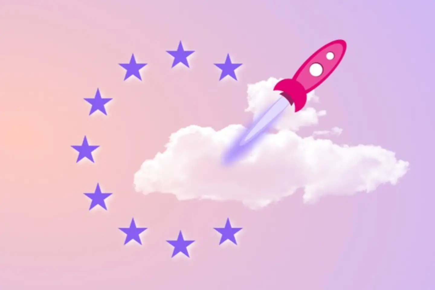 Graphic with European stars, cloud, and magenta-colored rocket