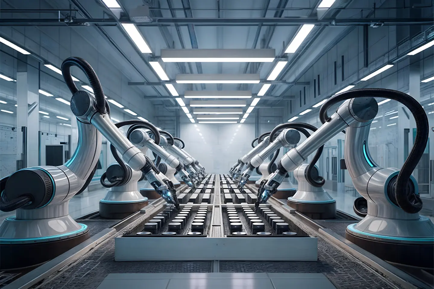 KI-generiertes Bild - Intelligente Fabrik mit vernetzter Infrastruktur. Illustration für Industrie 4.0, Automatisierung und Robotik.