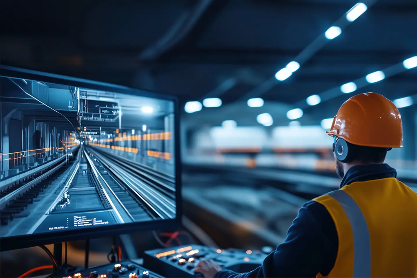 AI-generated image - Engineer uses a virtual control panel to manage rail systems