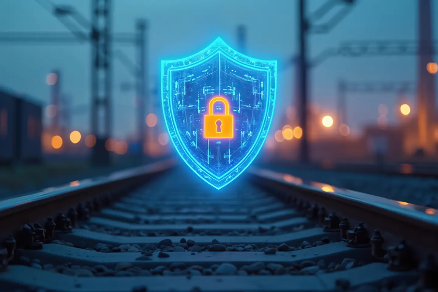 KI-generiertes Bild - Bahnschienen mit Cyber Security Symbol