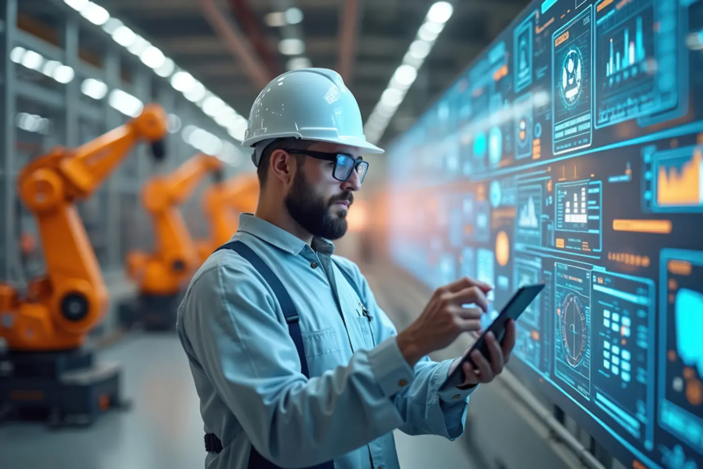 KI-generiertes Bild - Fabrikingenieur bei der Überprüfung von Produktionsdaten, KI-generiertes Bild