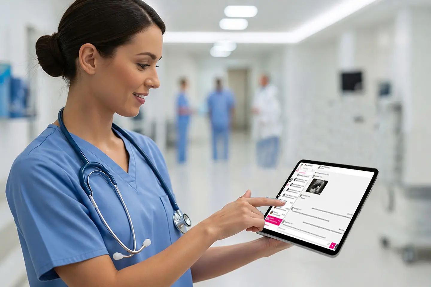 Krankenschwester check Patientendaten am Tablet