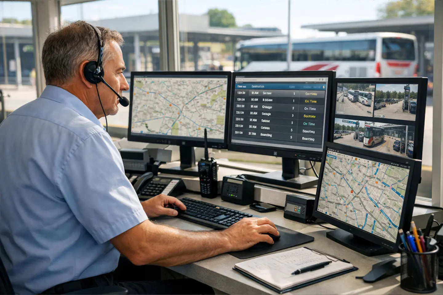 A middle-aged man monitors bus traffic across multiple screens