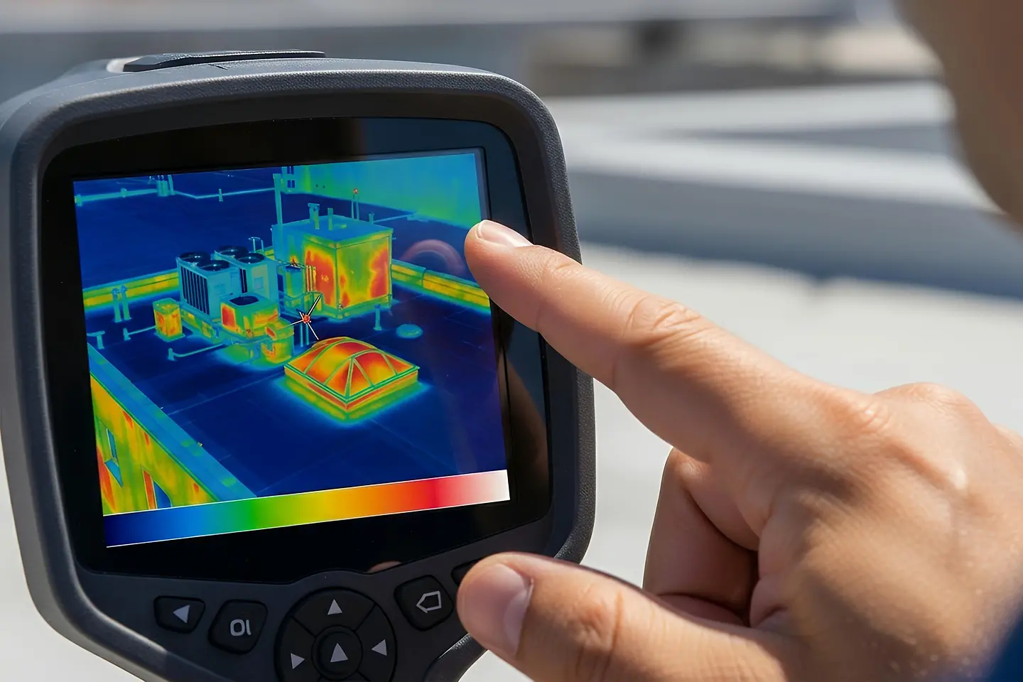 AI-generated image - Hand pointing at thermal imaging camera screen on roof 