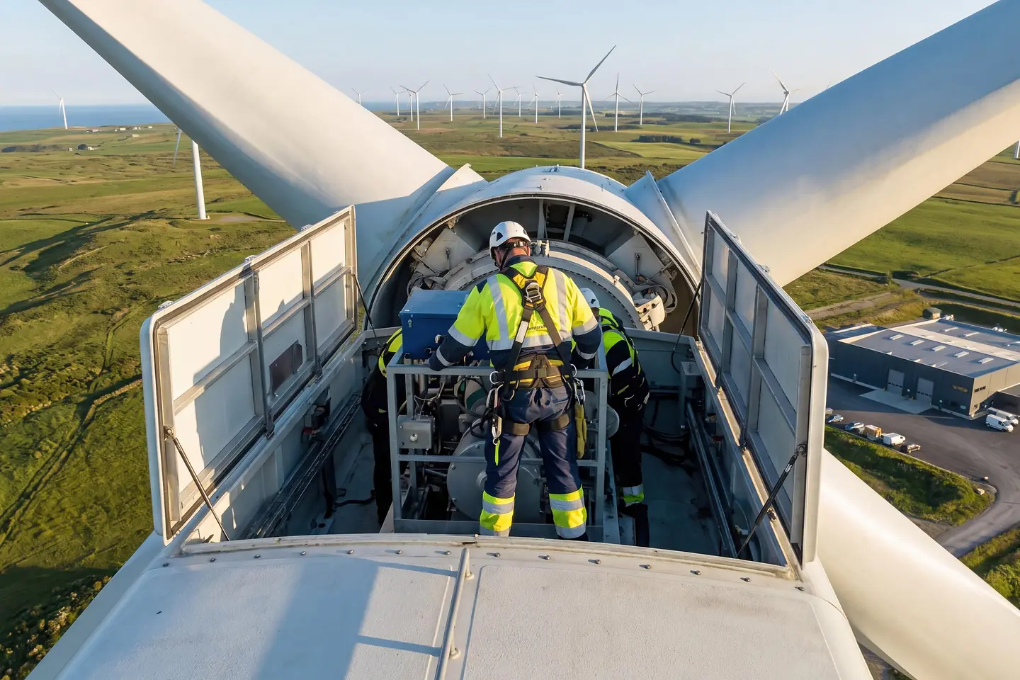 Technicians performing maintenance on wind turbine nacelle, renewable energy concept, green power generation, sustainable future