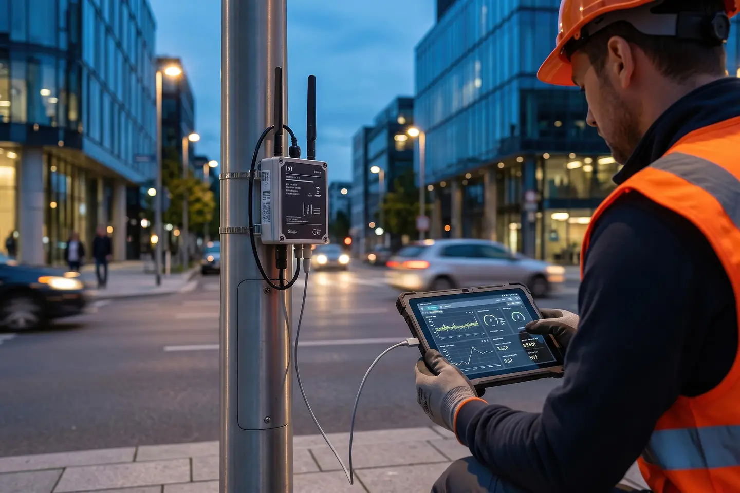 AI-generated image - Technician installing smart city IoT sensor on street pole, connecting urban infrastructure with digital technology