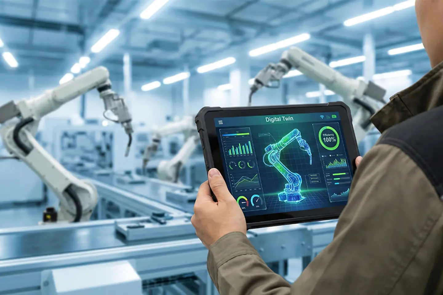 KI-generiertes Bild - Fabrikingenieur hält ein Display und überprüft Daten im digitalen Zwilling
