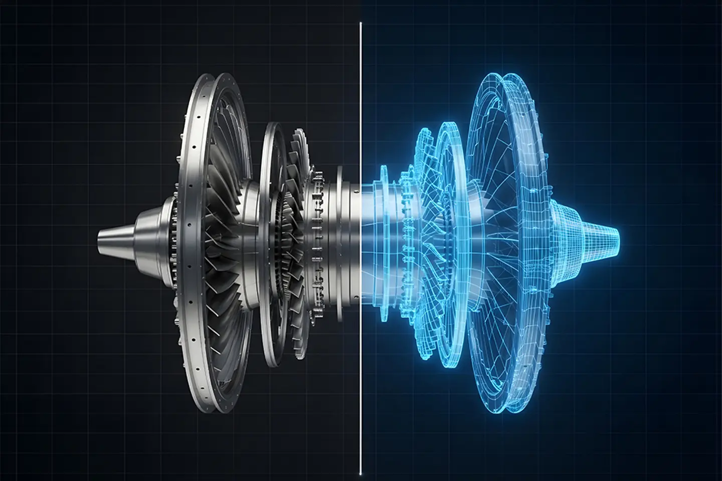 KI-generiertes Bild - Konzept des digitalen Zwillings, dargestellt an einer Turbine