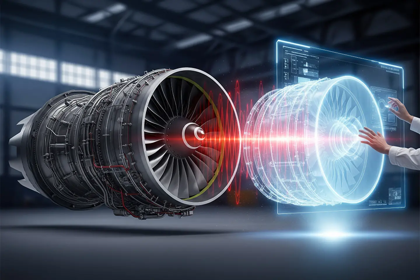 KI-generiertes Bild - Konzept des digitalen Zwillings, demonstriert am Bild einer Flugzeugturbine