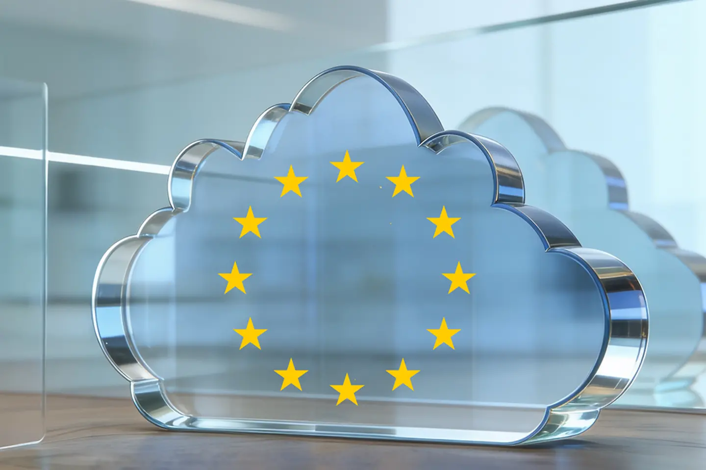 KI-generiertes Bild - A transparent glass cloud with the European stars on a wooden table