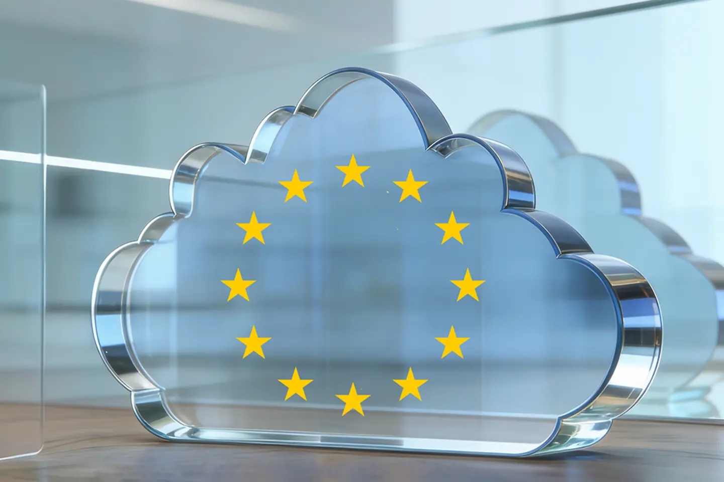 AI-generated image - A glass cloud with the European stars on a wooden table