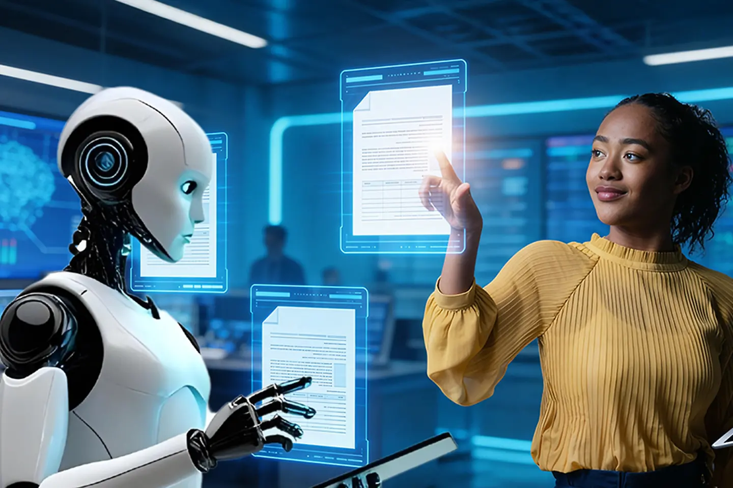 AI-generated image - Young black woman and robot analysing digital documents in lab 