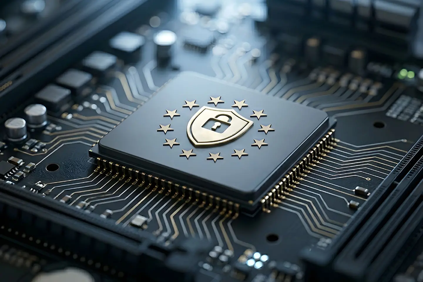 AI-generated image - Computer processor chip with a gold padlock, and twelve stars, representing European cyber security
